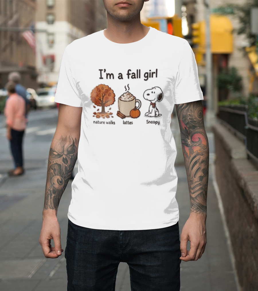 I'm A Fall Girl Nature Walks Lattes Snoopy Autumn Tree Pumpkin Coffee T-Shirt
