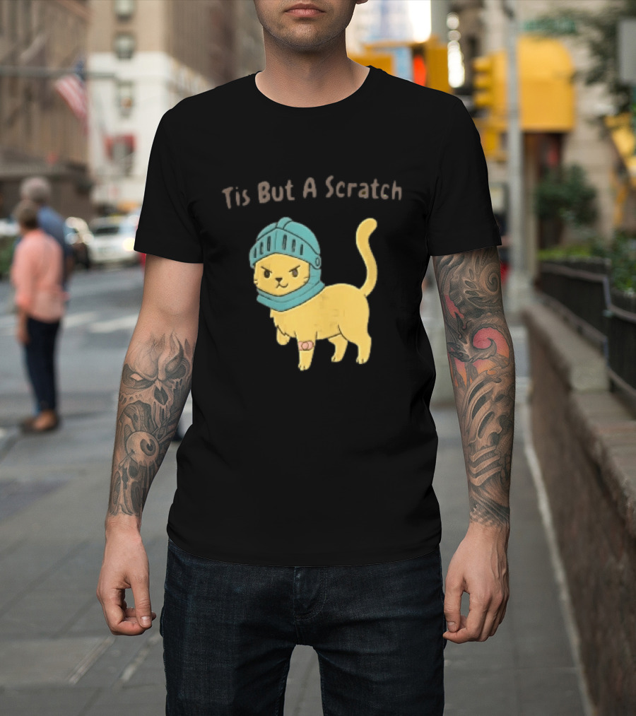 Tis But A Scratch Cartoon Cat Knight Helmet Bandage T-Shirt