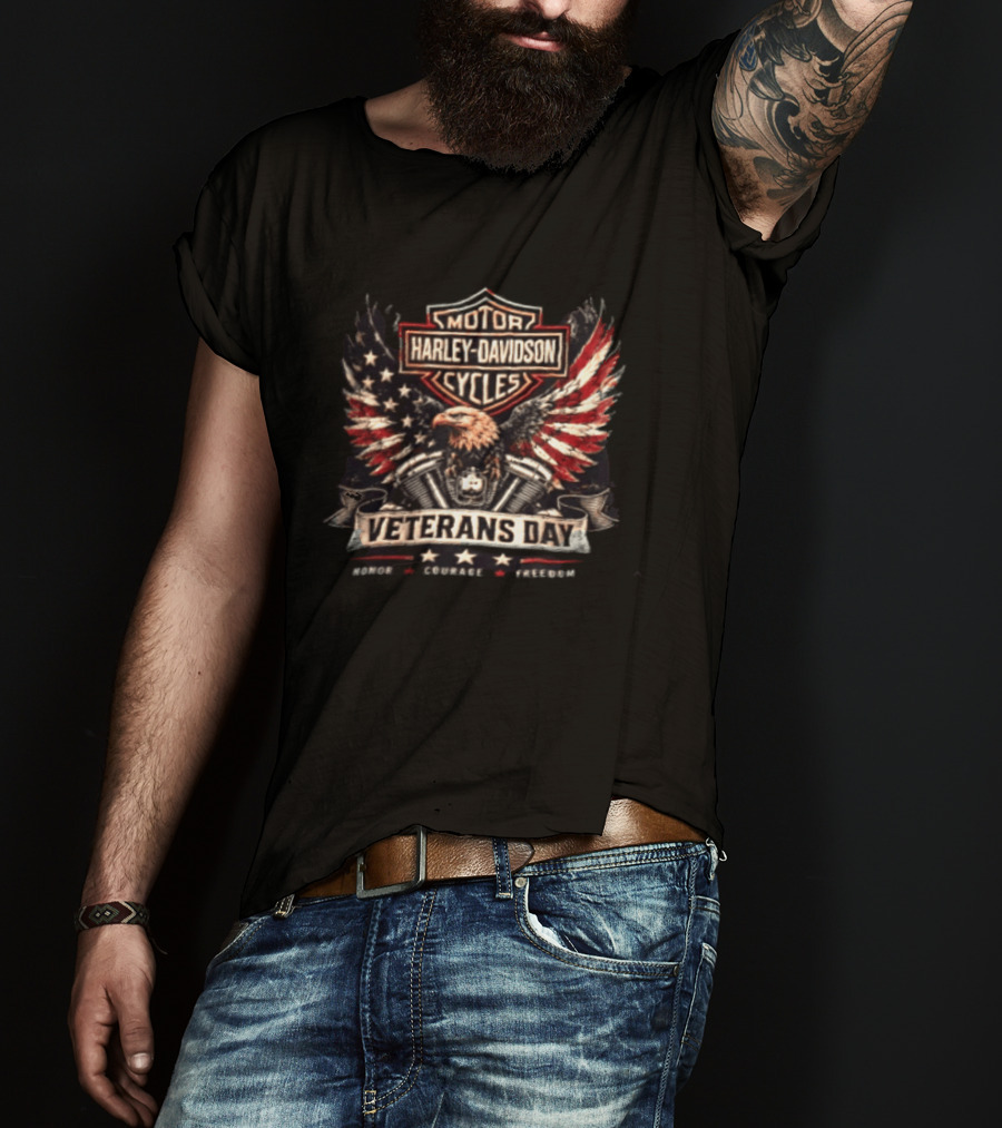 Veterans Day Harley Davidson Motor Cycles Honor Courage Freedom Eagle Wings T-Shirt