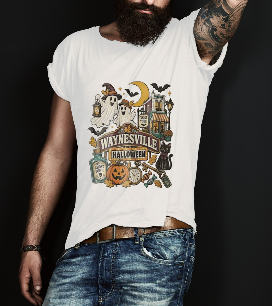 Waynesville Halloween Ghost Tour Ohio Cartoon Pumpkin Black Cat Crescent Moon Ghost Tonic Key T-Shirt