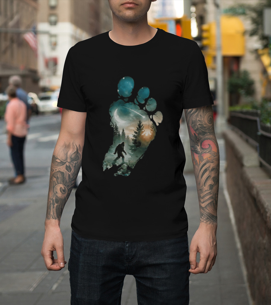 Bigfoot Footprint Moon Mountain Trees Forest Sasquatch Night Scene T-Shirt