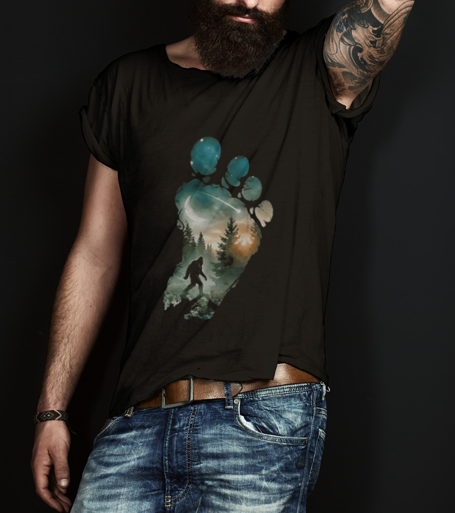 Bigfoot Footprint Moon Mountain Trees Forest Sasquatch Night Scene T-Shirt
