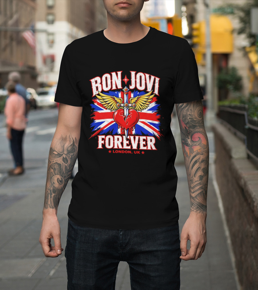 Bon Jovi Forever London UK Tour Union Jack Heart And Dagger Wings T-Shirt