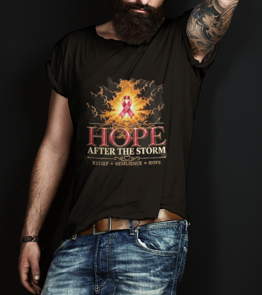 Hope After The Storm Relief Resilience Pink Breast Cancer Ribbon Clouds Sunburst Rays T-Shirt