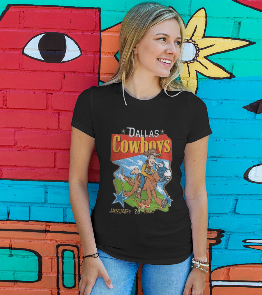Dallas Cowboys Woody Riding Toy Horse Flames Stars January 28 1960 T-Shirt