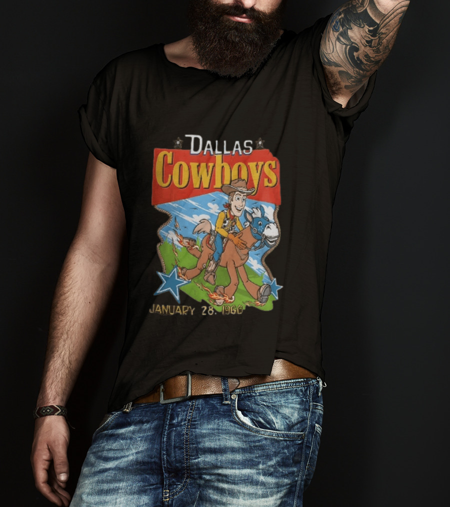 Dallas Cowboys Woody Riding Toy Horse Flames Stars January 28 1960 T-Shirt