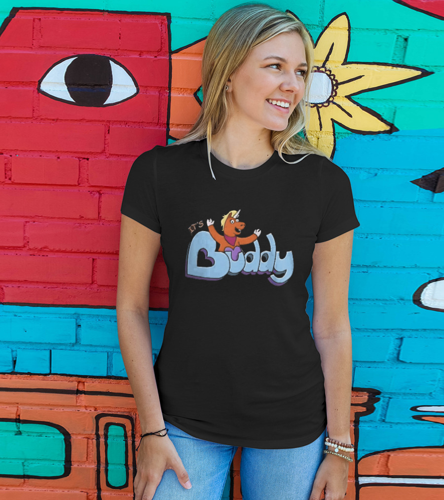 Its Buddy Cartoon Orange Unicorn Horse Purple Scarf Raised Arms T-Shirt