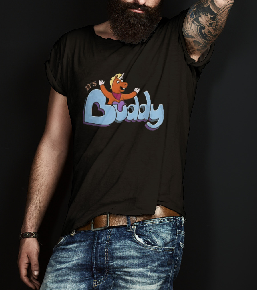 Its Buddy Cartoon Orange Unicorn Horse Purple Scarf Raised Arms T-Shirt