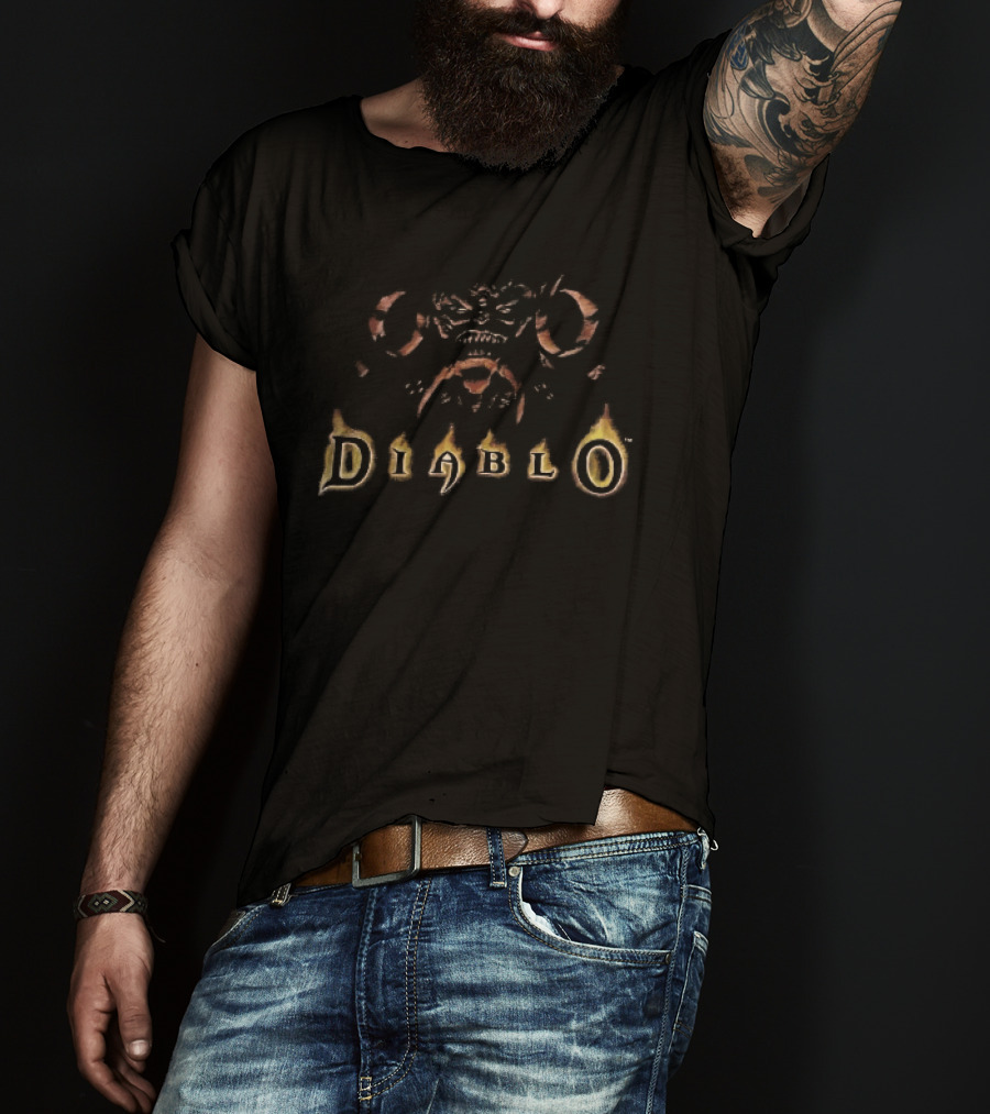 Diablo Distressed Crimson Flaming Demon Horned T-Shirt