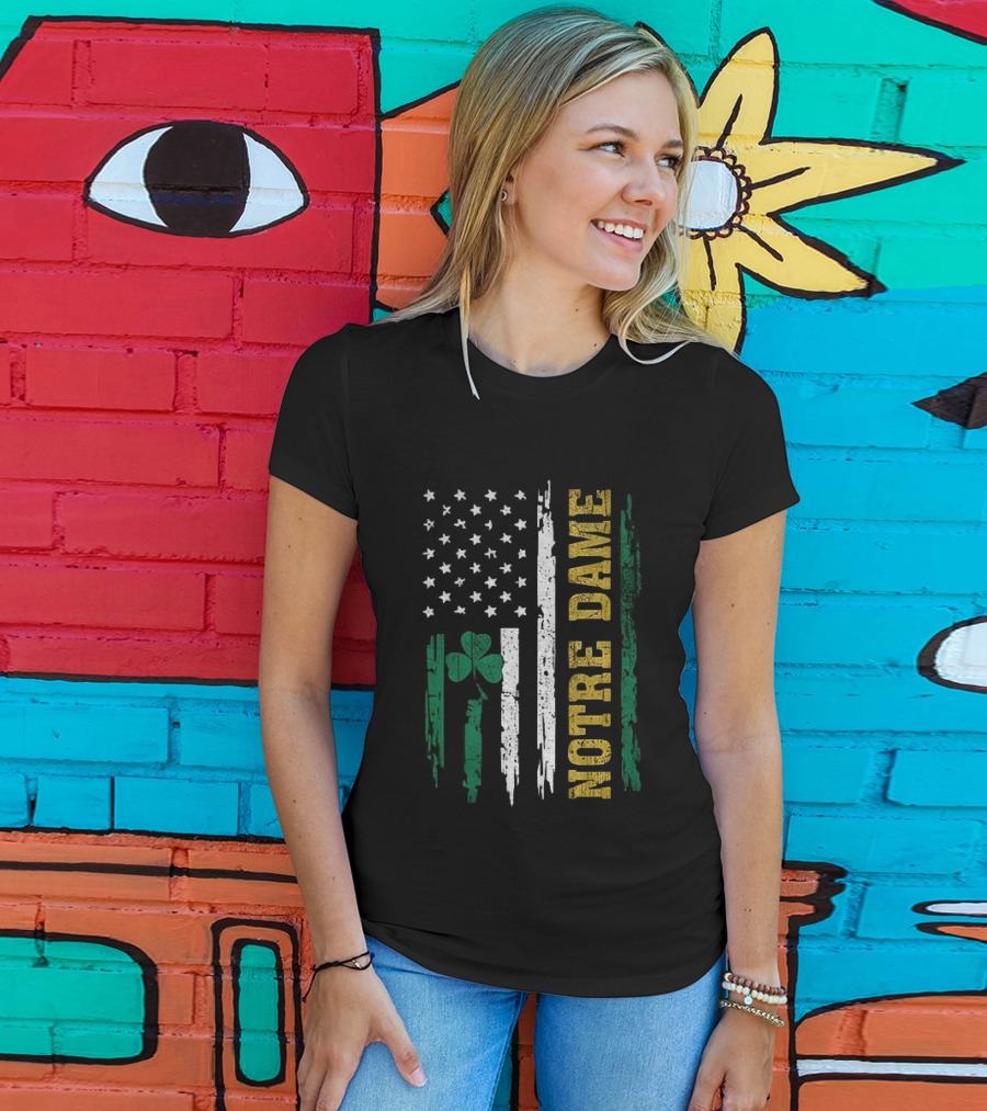 Notre Dame Irish American Flag Football Clover Stars T-Shirt