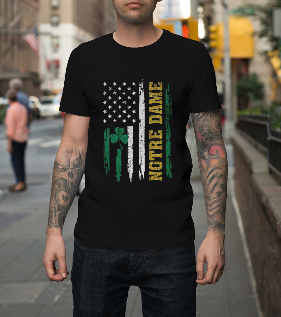 Notre Dame Irish American Flag Football Clover Stars T-Shirt