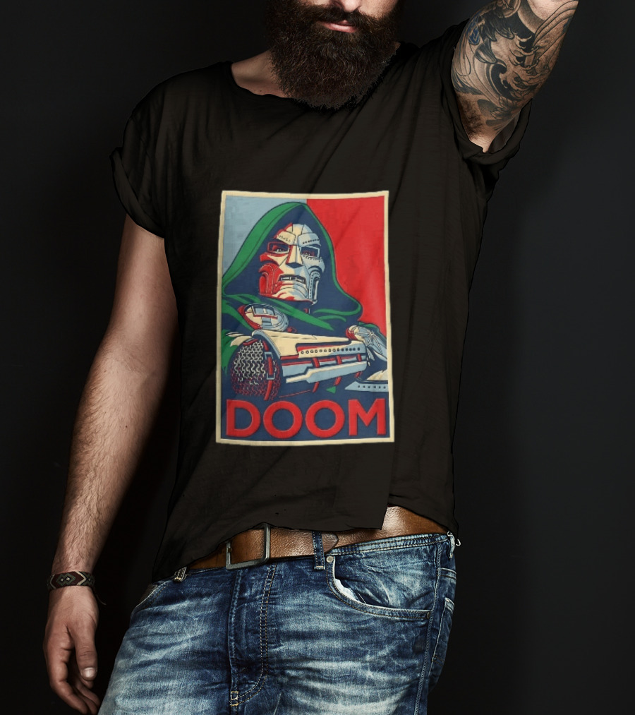 Doom Supervillain Mask Hooded Armored Gauntlets Red Blue T-Shirt