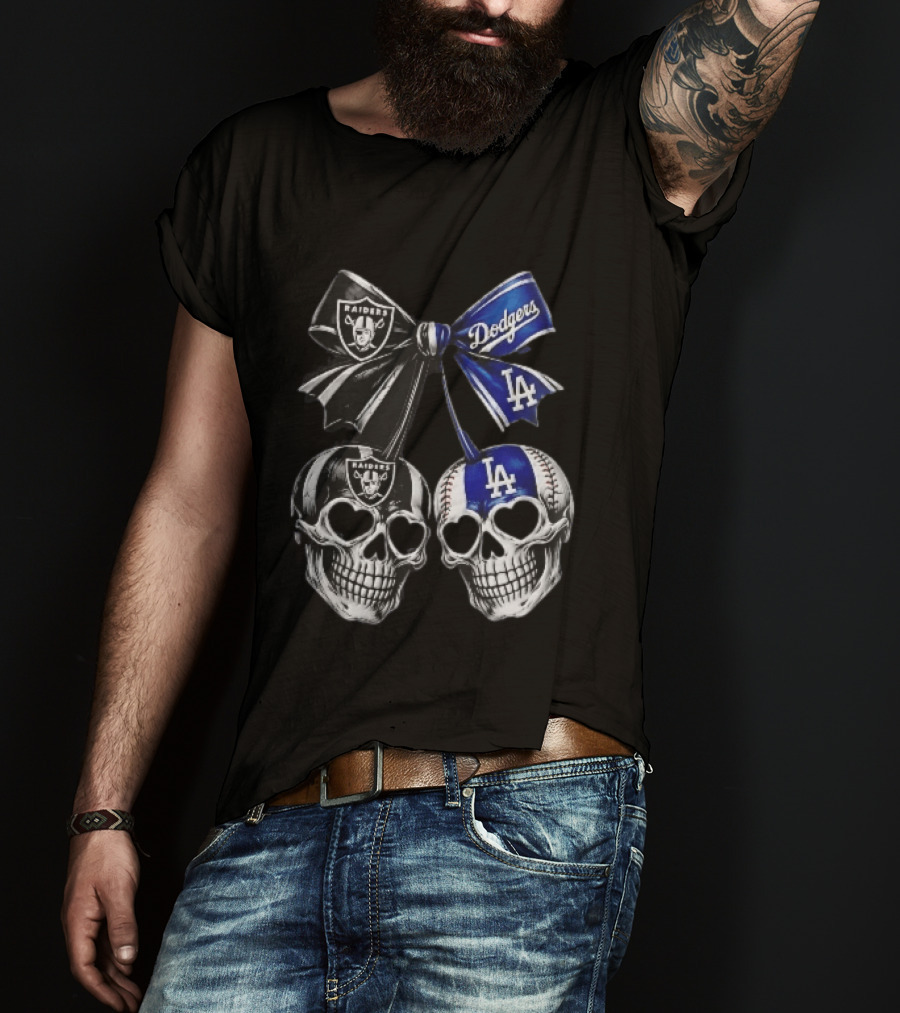 Las Vegas Raiders Los Angeles Dodgers MLB Skulls Cherry Heart Eye Sockets Bow Ribbon T-Shirt