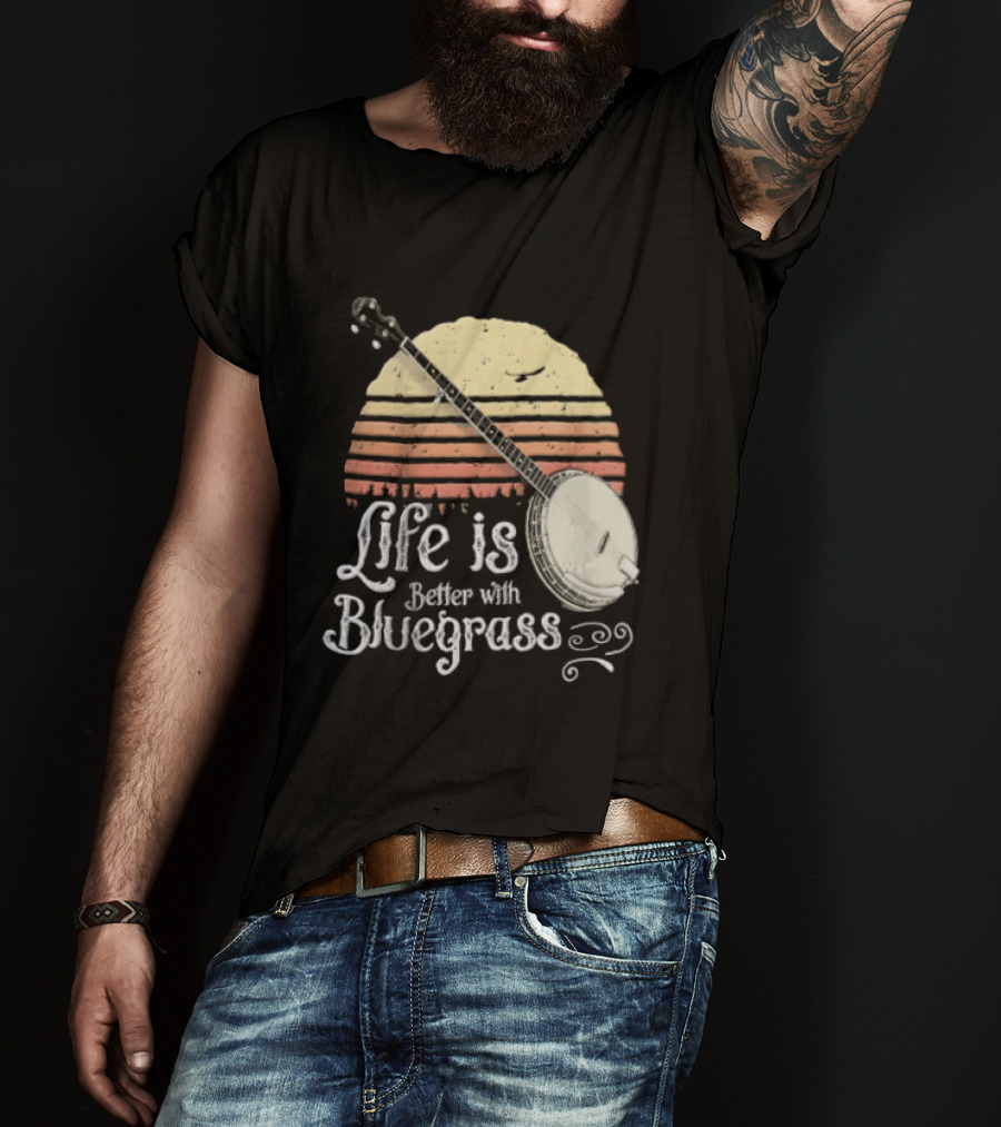 Life Is Better With Bluegrass Vintage Sunset Banjo T-Shirt