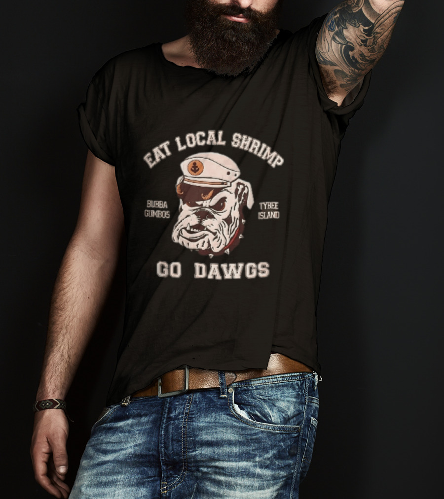 Eat Local Shrimp Bubba Gumbos Tybee Island Go Dawgs Captain Hat Spiked Collar T-Shirt