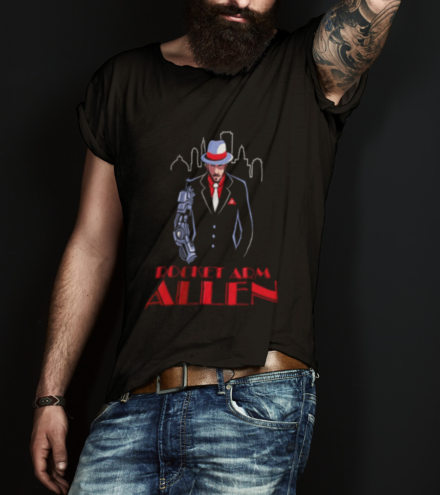 Rocket Arm Allen Man In Suit With Cybernetic Arm City Skyline T-Shirt