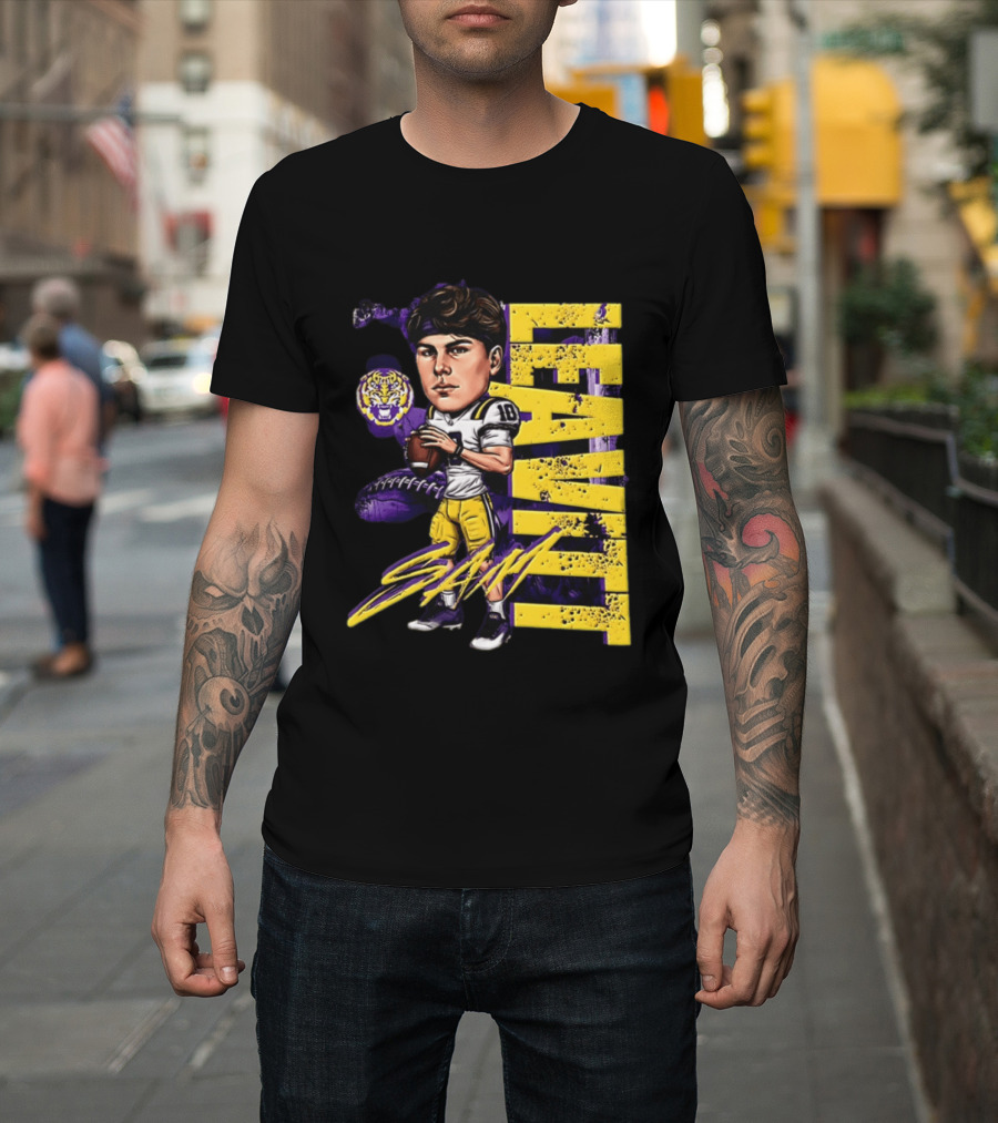 Sam Levis LSU Tigers Football Player Caricature Leavitt 18 Signature T-Shirt