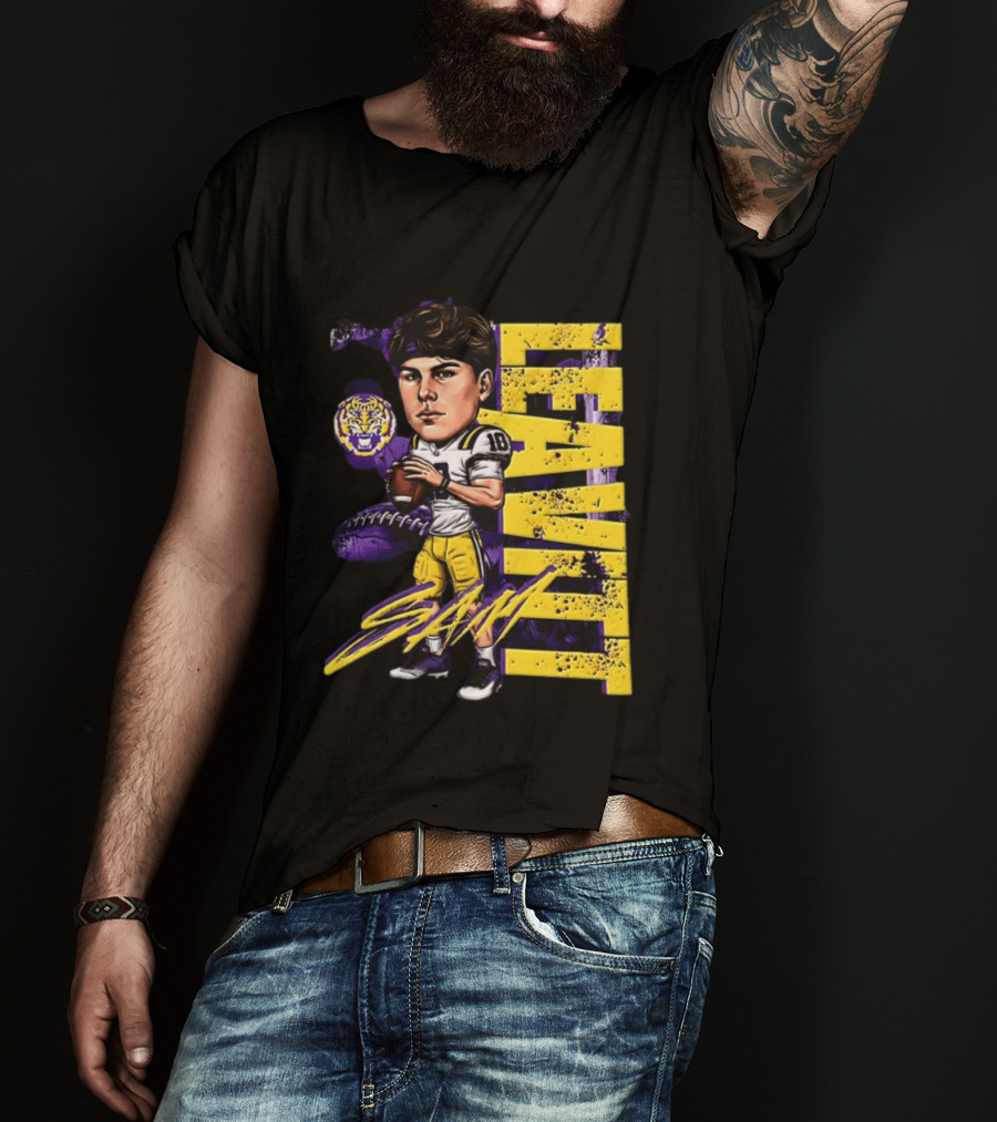 Sam Levis LSU Tigers Football Player Caricature Leavitt 18 Signature T-Shirt
