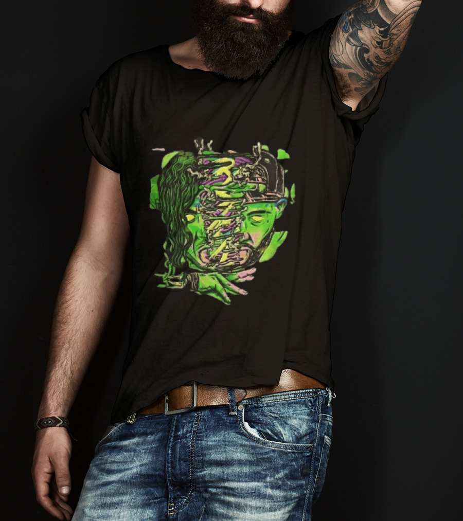 Split Green Head Glowing Yellow Eyes Neon Cartoon Halftone T-Shirt