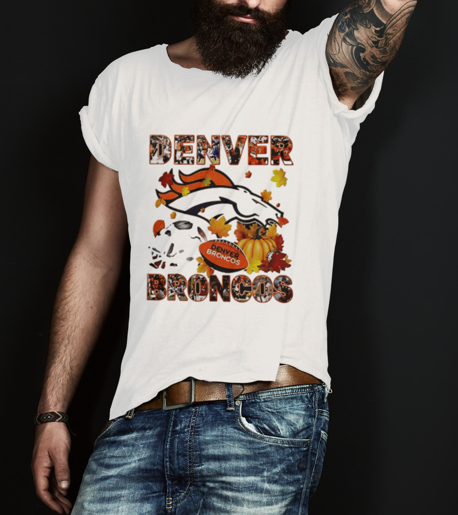 Denver Broncos Football Autumn Fall Leaves Pumpkin Halloween 2026 T-Shirt
