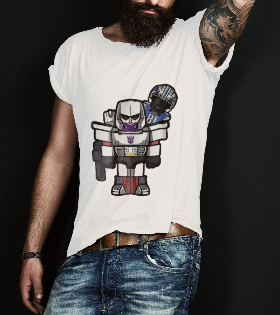 Detroit Lions Chibi Megatron Transformers Cartoon Tape On Mouth Caricature T-Shirt