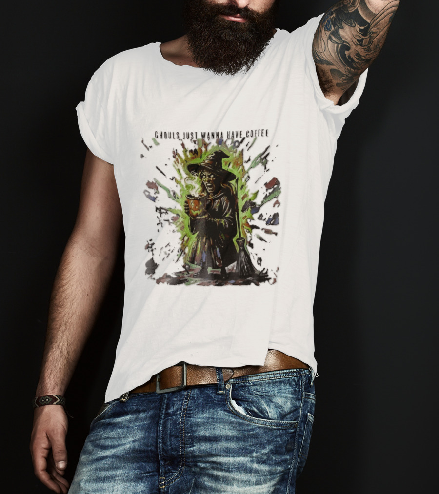 Ghouls Just Wanna Have Coffee Witch With Pumpkin And Broom Colorful Splatter T-Shirt