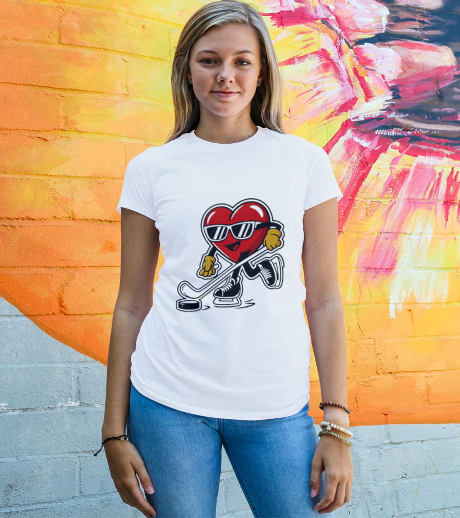I Love Hockey Heart Character With Sunglasses And Stick T-Shirt