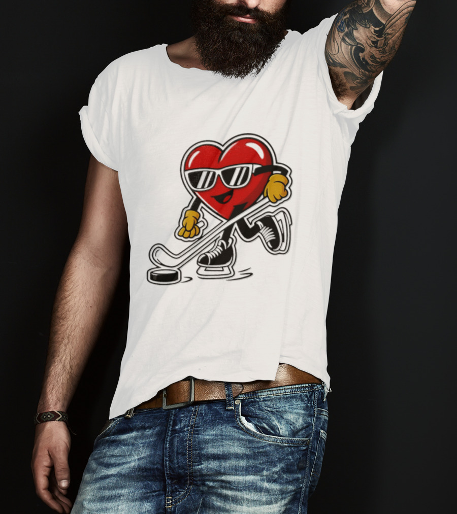 I Love Hockey Heart Character With Sunglasses And Stick T-Shirt