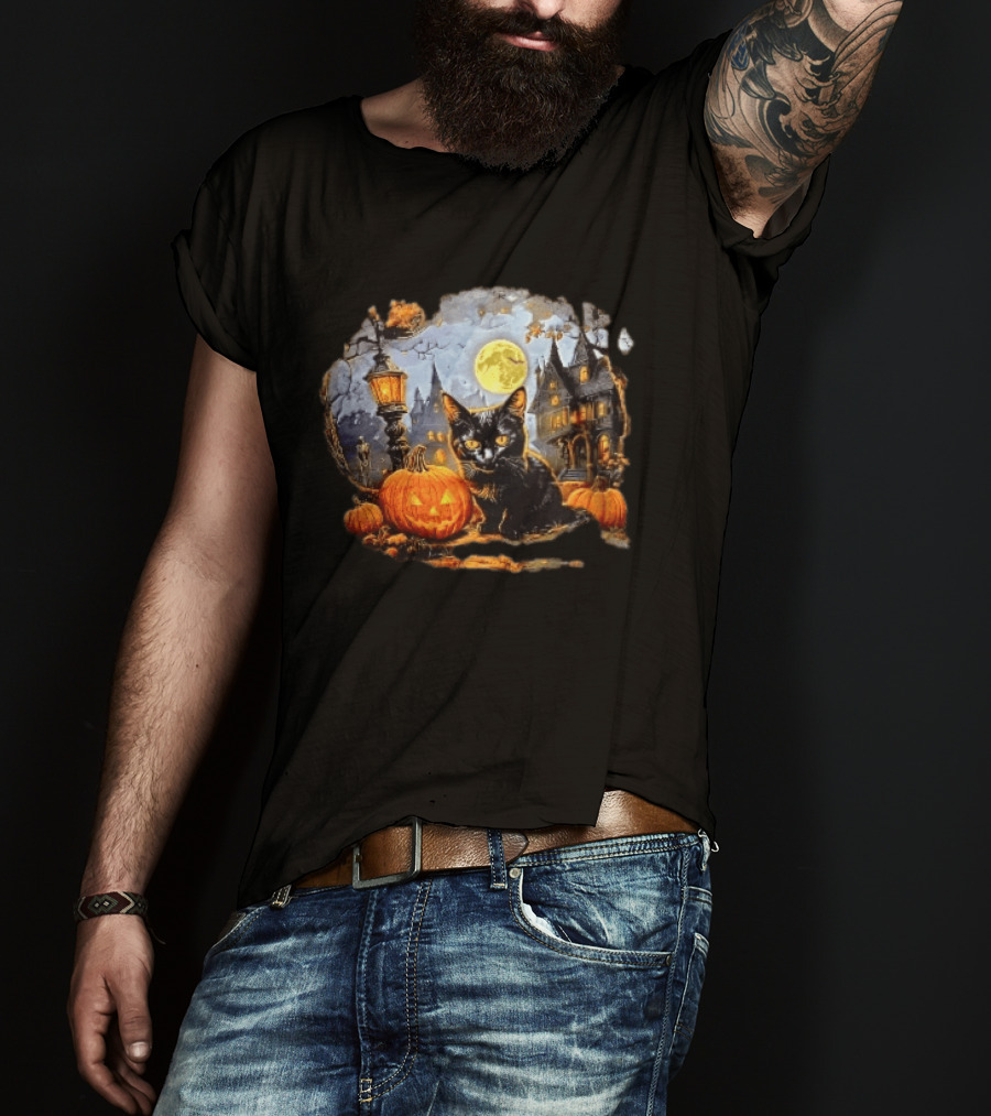 Black Cat Haunted House Pumpkin Full Moon Halloween Magic T-Shirt