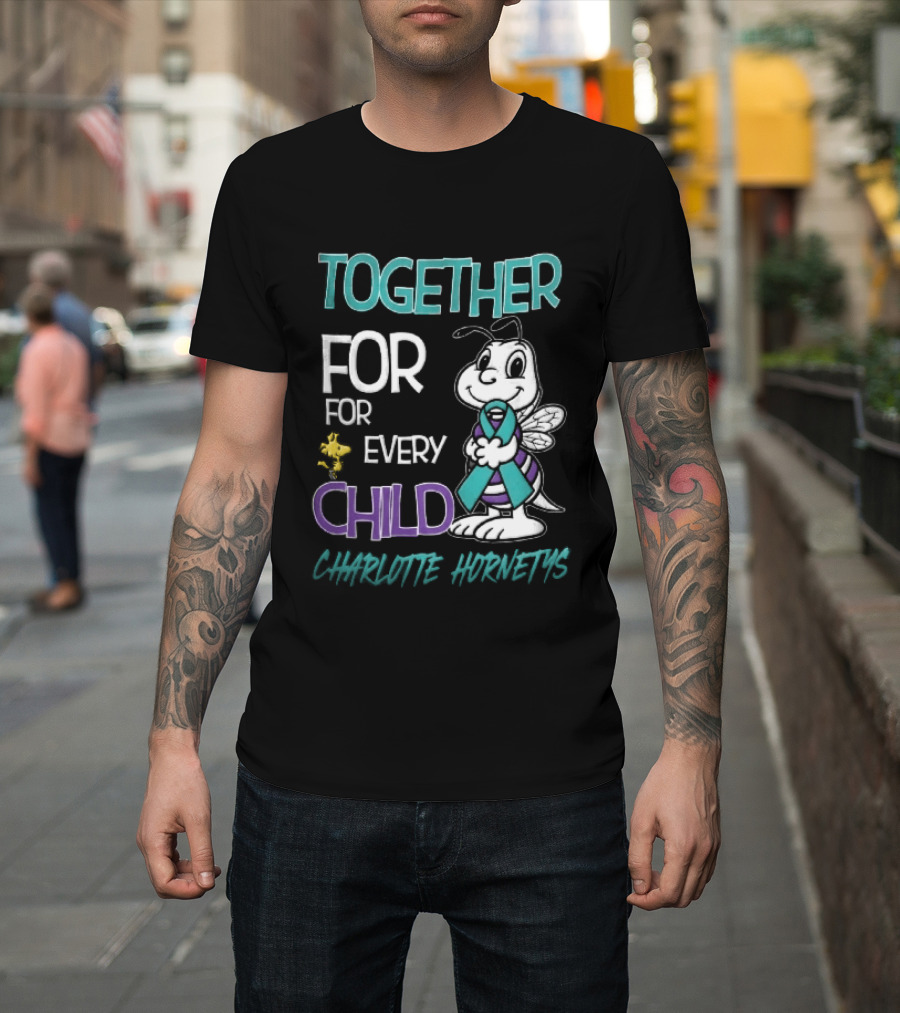 TOGETHER FOR EVERY CHILD Charlotte Hornets Cartoon Hornet Holding Ribbon Woodstock T-Shirt