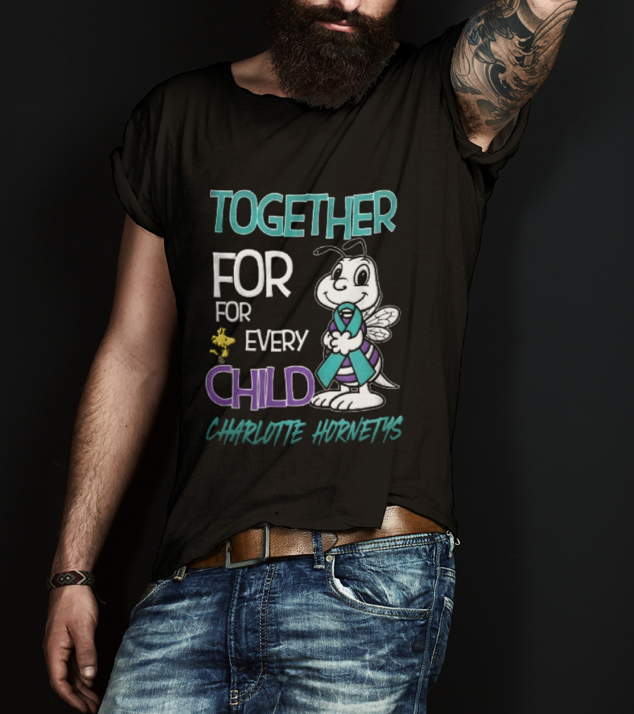 TOGETHER FOR EVERY CHILD Charlotte Hornets Cartoon Hornet Holding Ribbon Woodstock T-Shirt