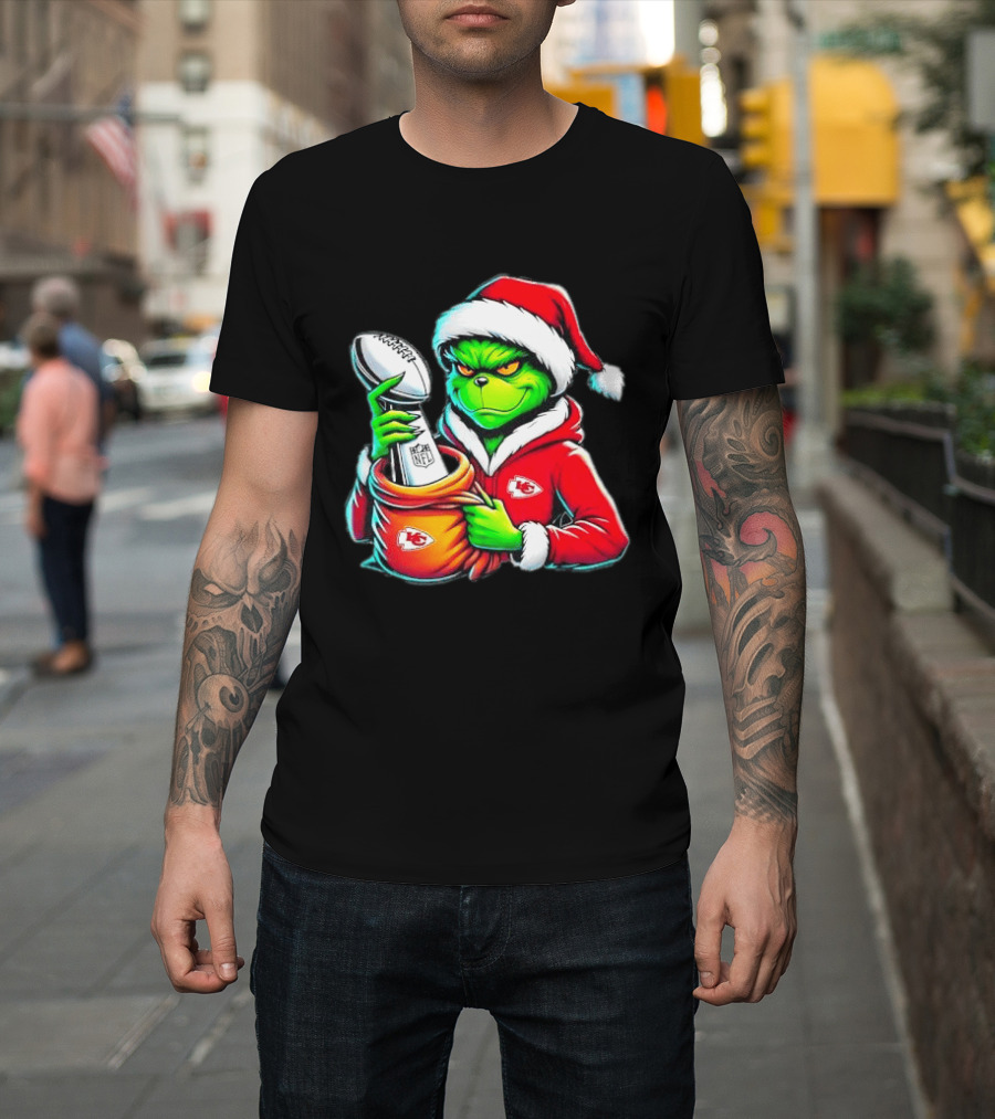 Kansas City Chiefs Grinch Christmas Holiday NFL Trophy Santa Hat T-Shirt