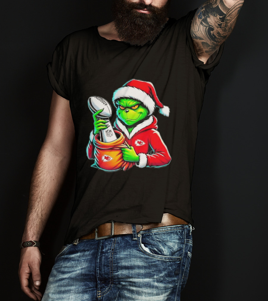 Kansas City Chiefs Grinch Christmas Holiday NFL Trophy Santa Hat T-Shirt