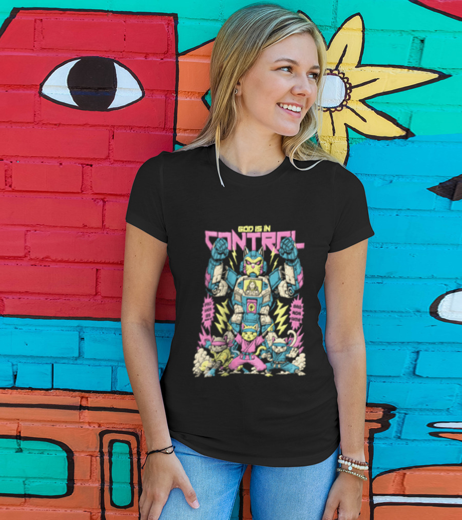 Mecha Cat Jesus Ninja Kittens God Is In Control Proverbs 3 6 T-Shirt