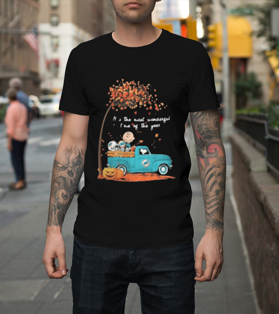 Miami Dolphins Charlie Brown Snoopy Pickup Truck Pumpkins Most Wonderful Time Of Year T-Shirt