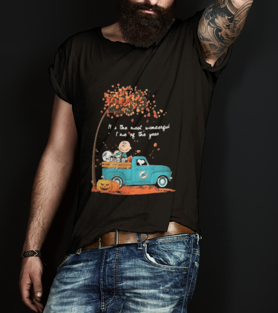 Miami Dolphins Charlie Brown Snoopy Pickup Truck Pumpkins Most Wonderful Time Of Year T-Shirt