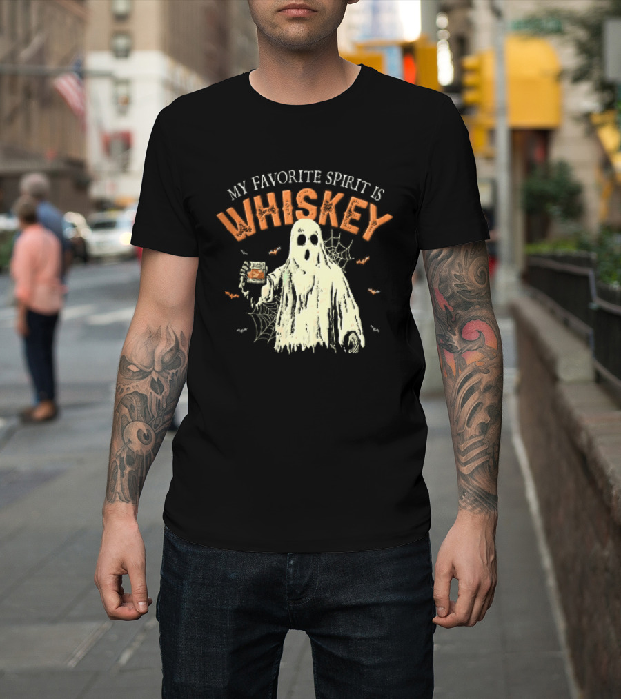 My Favorite Spirit Is Whiskey Ghost Holding Glass Bats Cobwebs Distressed T-Shirt