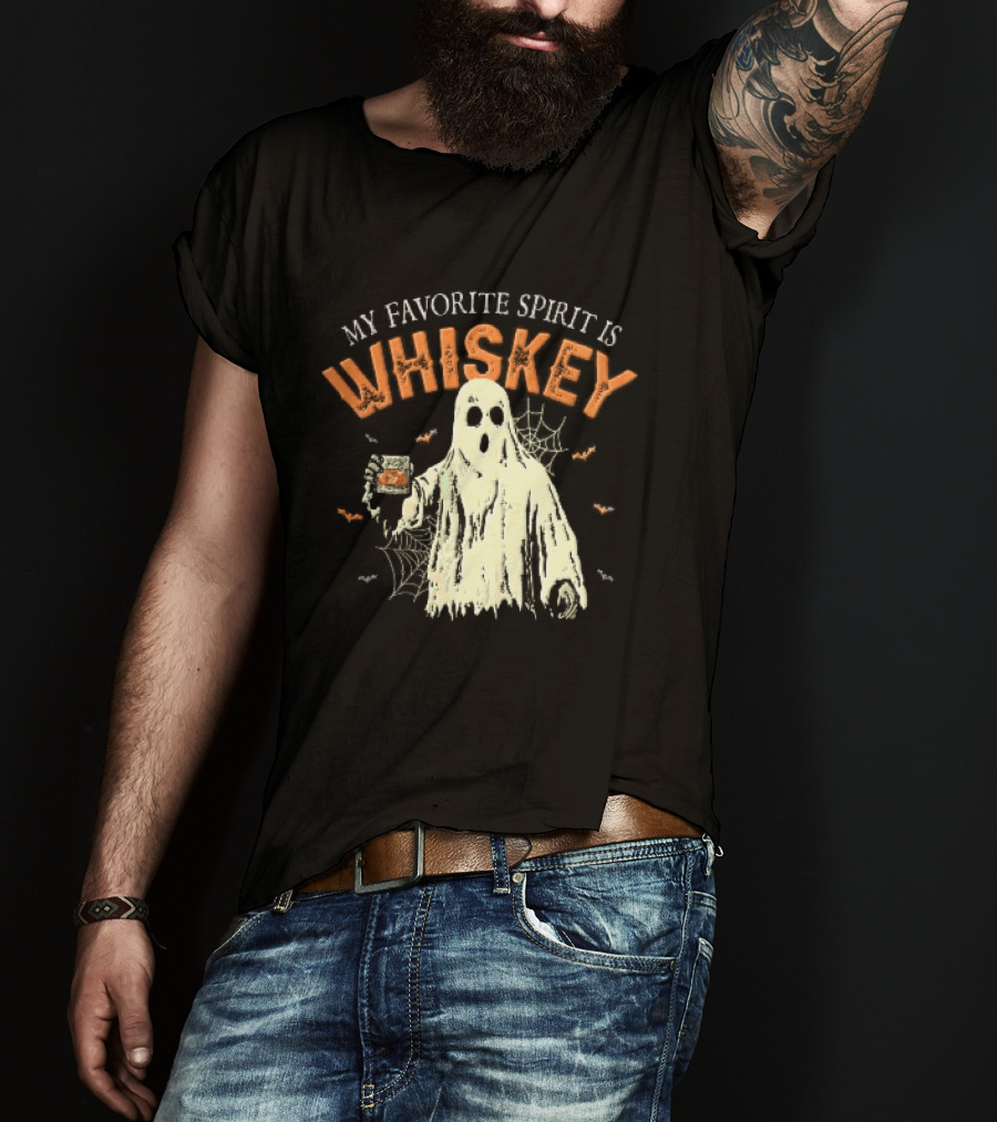 My Favorite Spirit Is Whiskey Ghost Holding Glass Bats Cobwebs Distressed T-Shirt