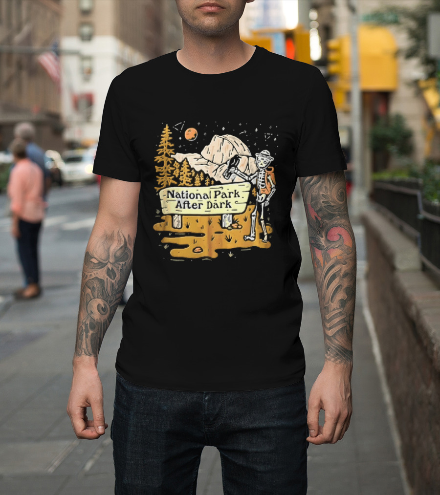 National Park After Dark Skeleton Ranger With Raven And Mountain Cartoons T-Shirt