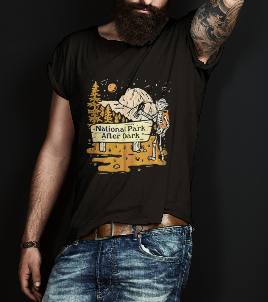 National Park After Dark Skeleton Ranger With Raven And Mountain Cartoons T-Shirt