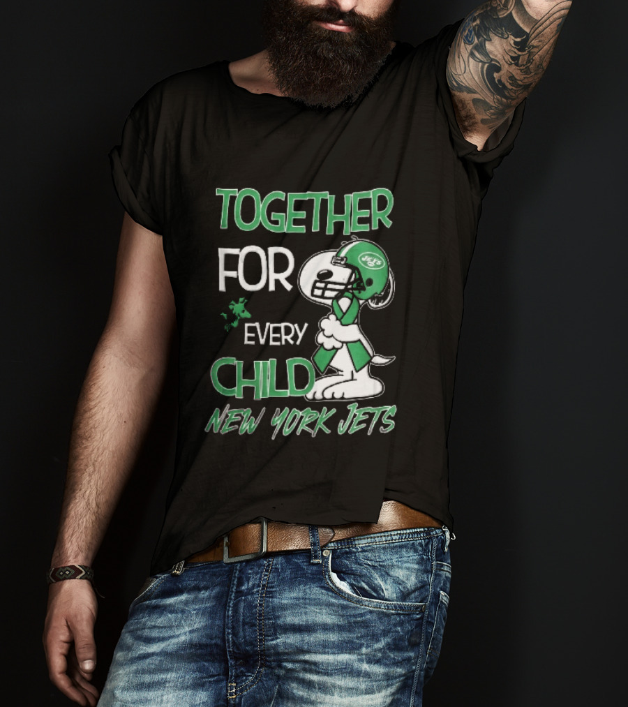New York Jets Snoopy Woodstock Together For Every Child Football Helmet Green Ribbon T-Shirt