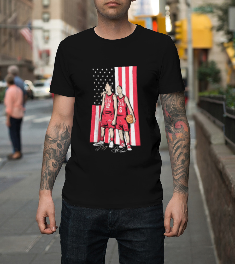 Sue Bird Diana Taurasi USA Basketball American Flag Signatures T-Shirt