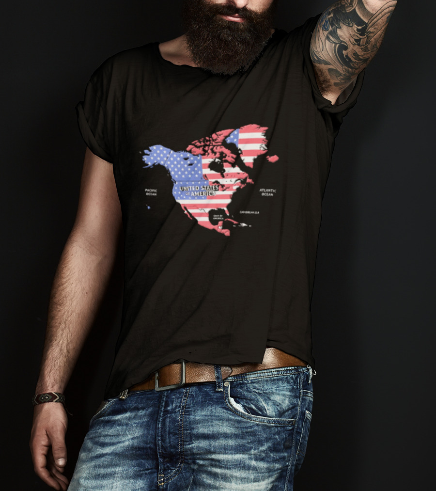 United States American Flag Map Of North America Featuring USA Canada Mexico Greenland T-Shirt