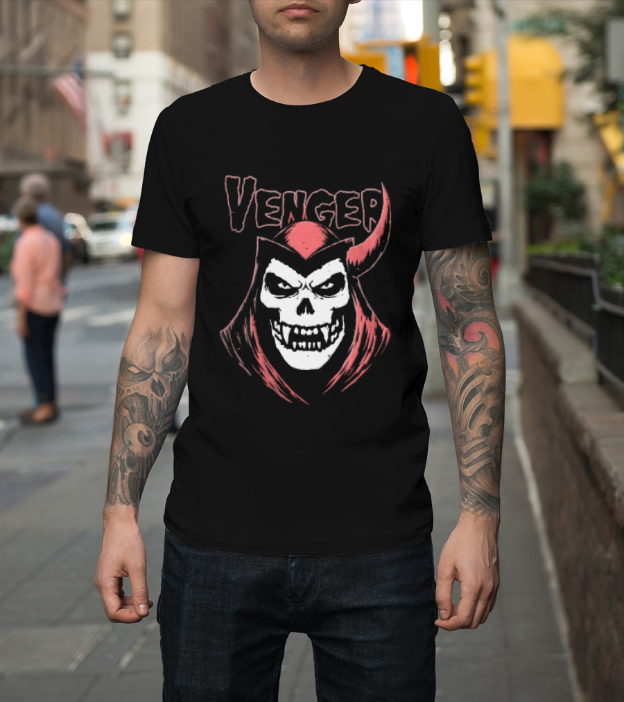 Venger Distressed Red Hooded Skull Face One Horned Demon T-Shirt