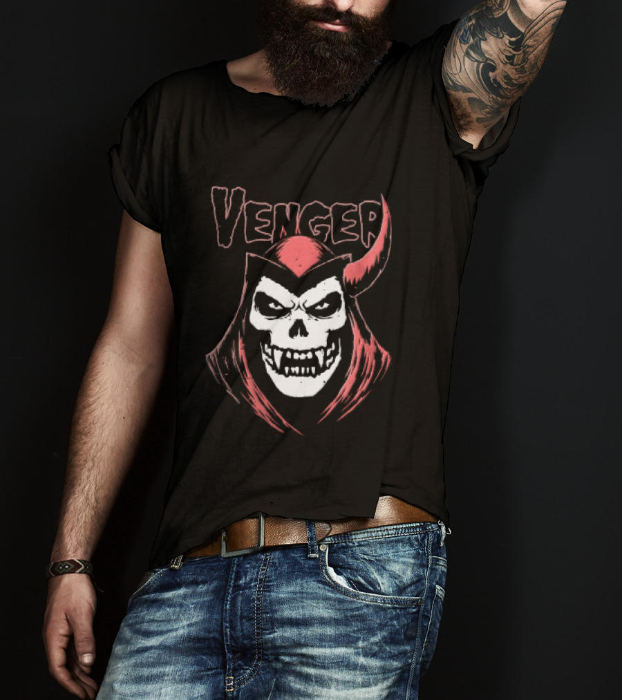 Venger Distressed Red Hooded Skull Face One Horned Demon T-Shirt