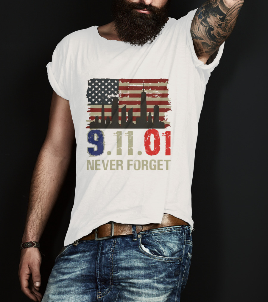 9.11.01 Never Forget American Flag Skyline Memorial Patriot 9 11 T-Shirt