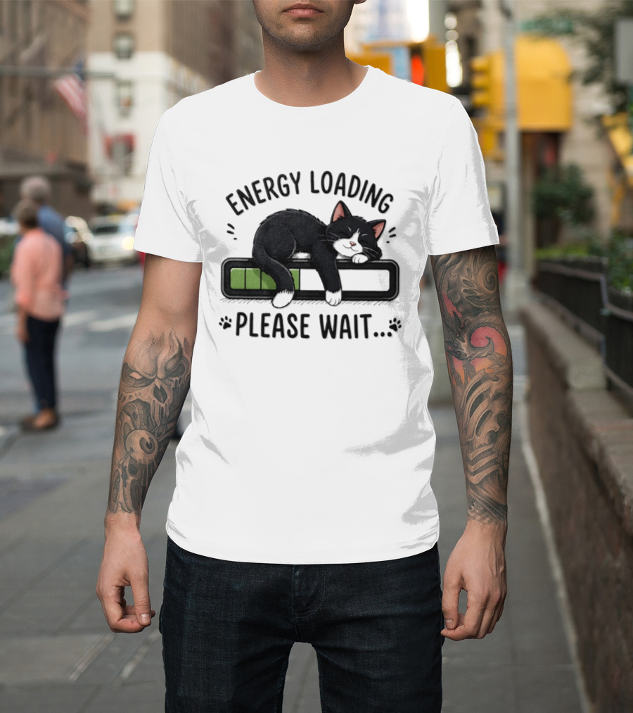 Cat Energy Loading Please Wait Sleeping Black Cat Battery Charge T-Shirt