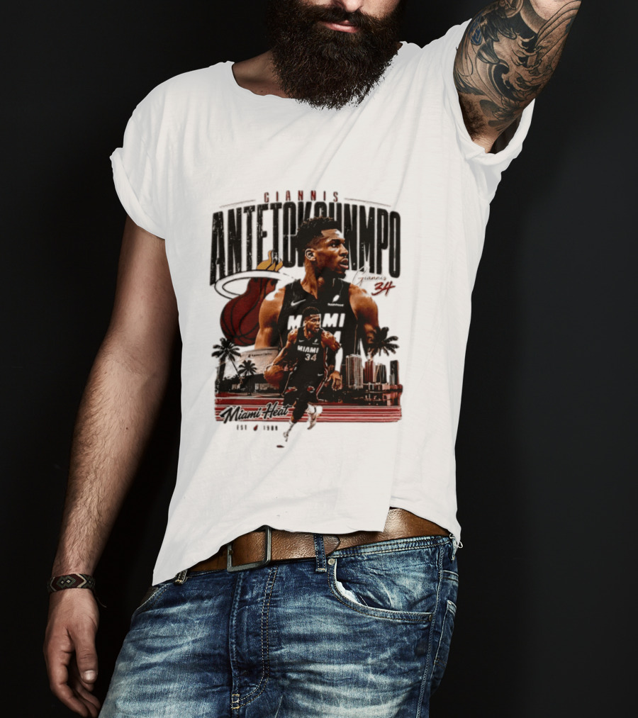 Giannis Antetokounmpo Miami Heat NBA Player Est 1988 Kaseya Center Palms And Cityscape T-Shirt