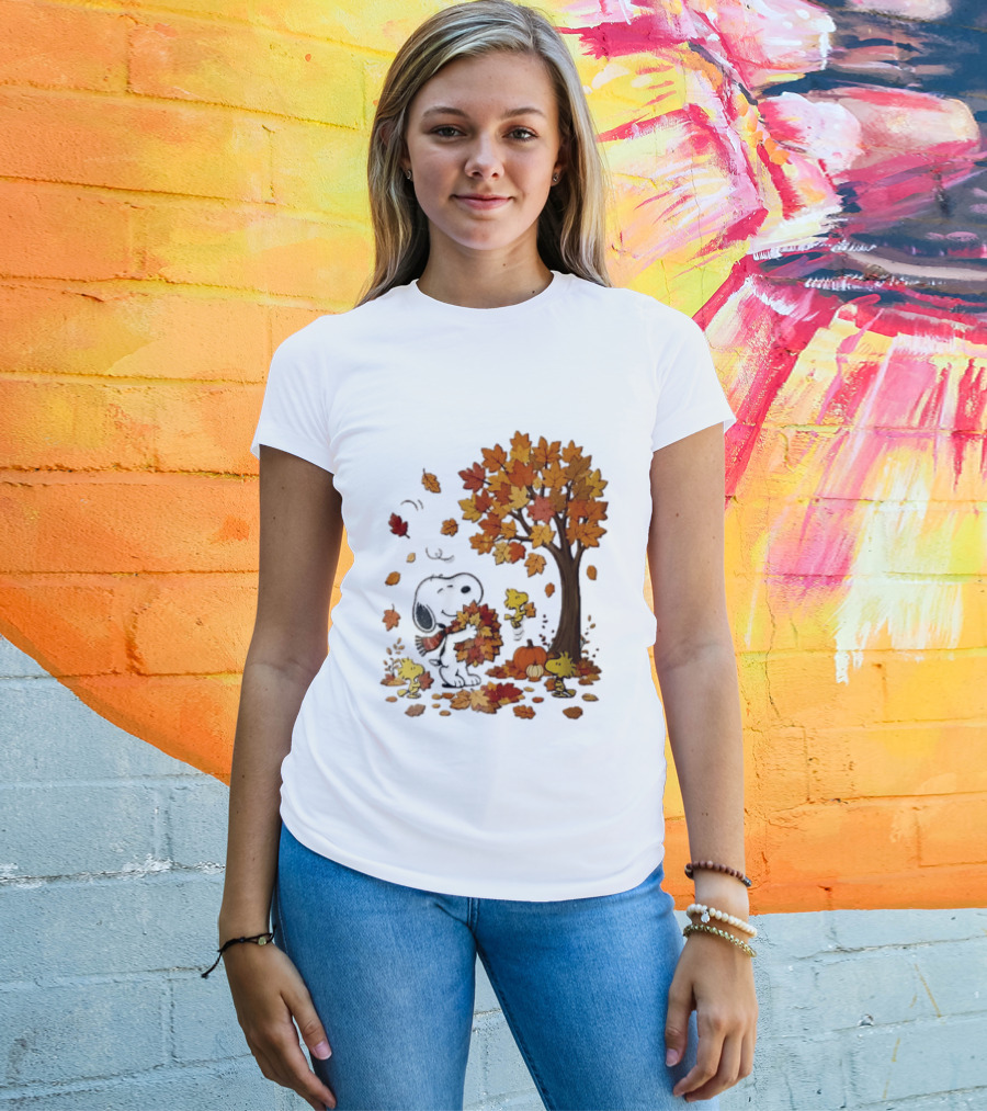 Snoopy Woodstock Autumn Leaves Pumpkin Fall Season Vibes T-Shirt