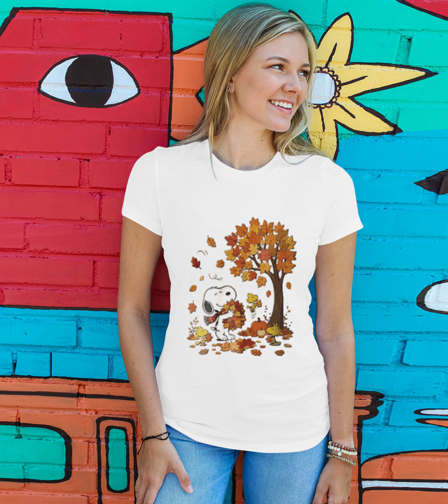 Snoopy Woodstock Autumn Leaves Pumpkin Fall Season Vibes T-Shirt